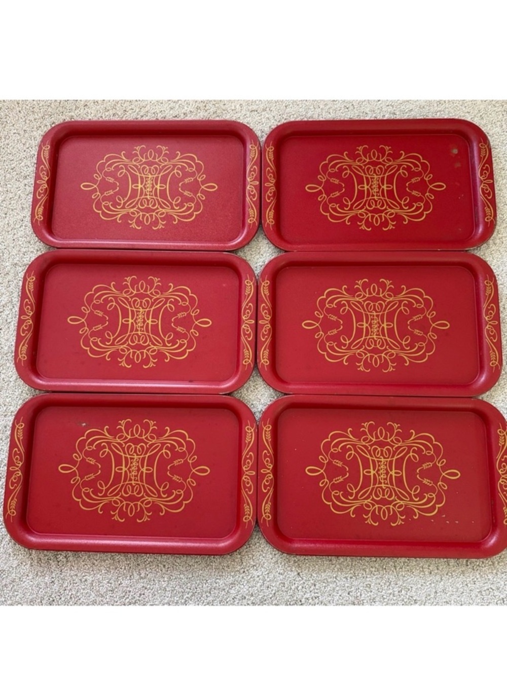 Christmas Metal Serving Trays Tole Toleware Red Gold Scroll Vintage 60s Lot 6x